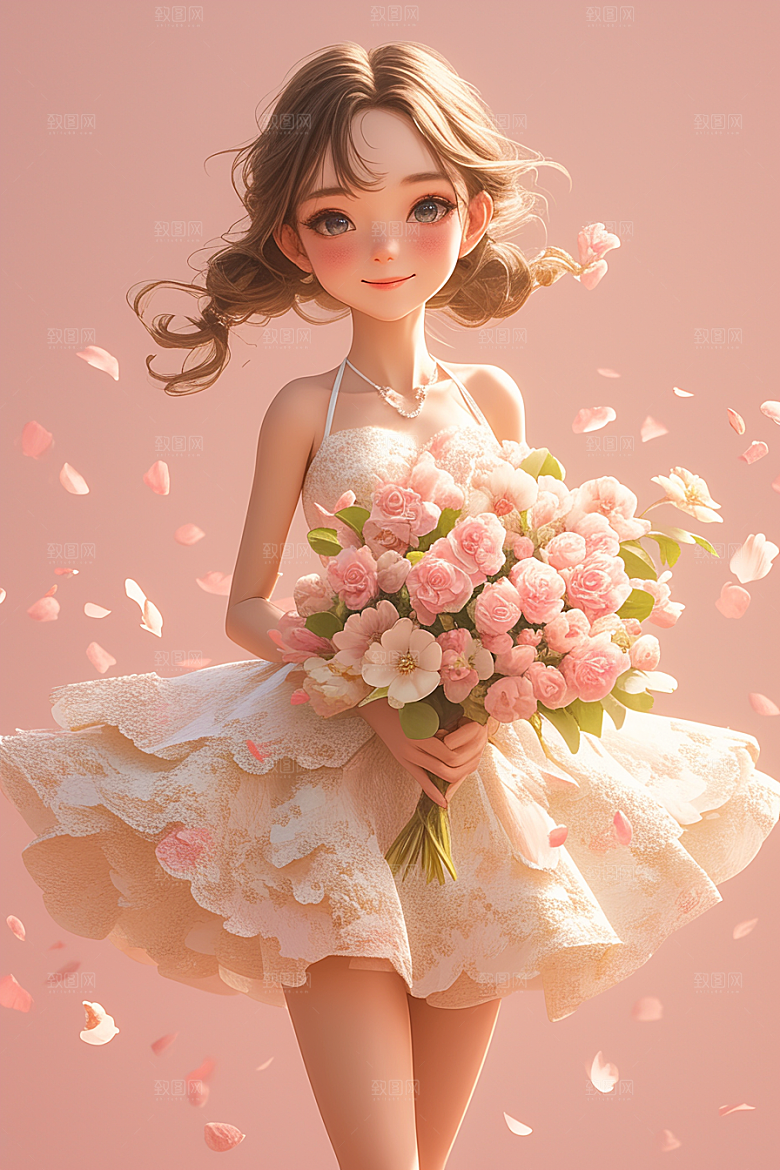 手捧鲜花的少女唯美模型素材