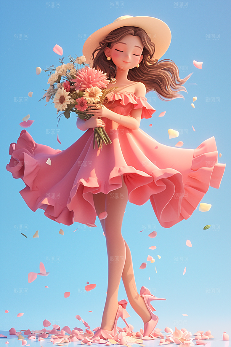 手捧鲜花的少女唯美3D素材