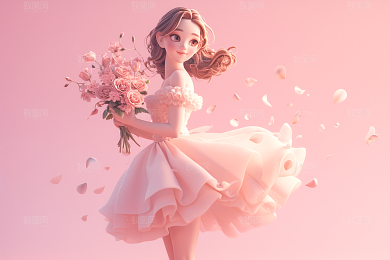 手捧鲜花的少女梦幻烂漫素材