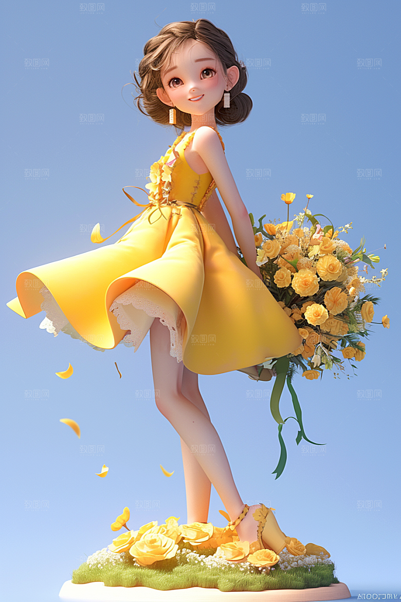 手捧鲜花的少女春天3D素材