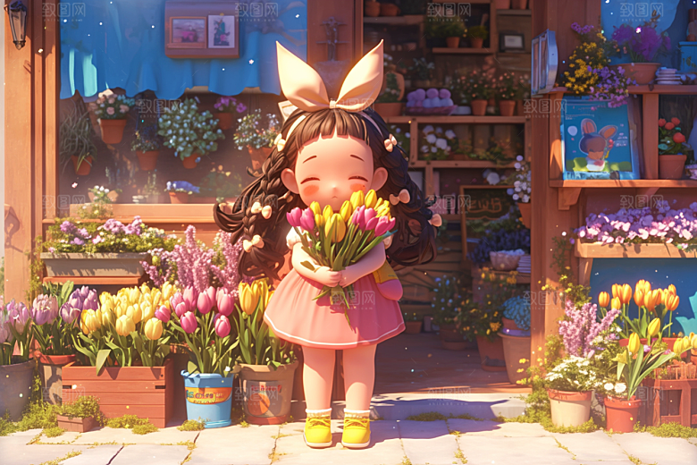 手捧鲜花的少女唯美梦幻素材
