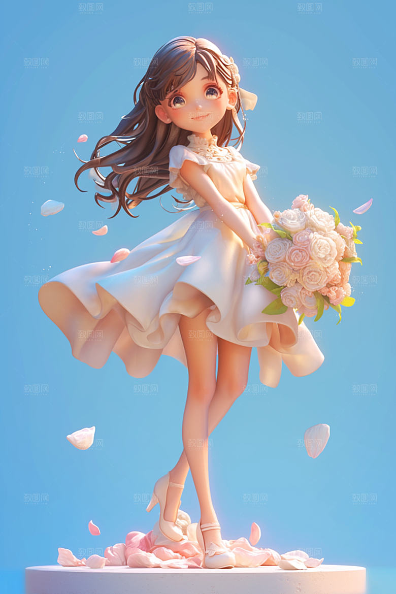 手捧鲜花的少女人物立体素材