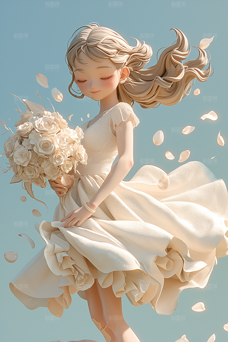 手捧鲜花的少女模型3D素材