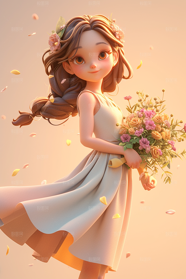 手捧鲜花的少女春天青春素材