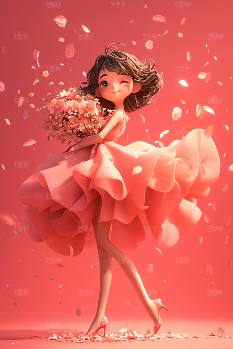 手捧鲜花的少女清新青春素材