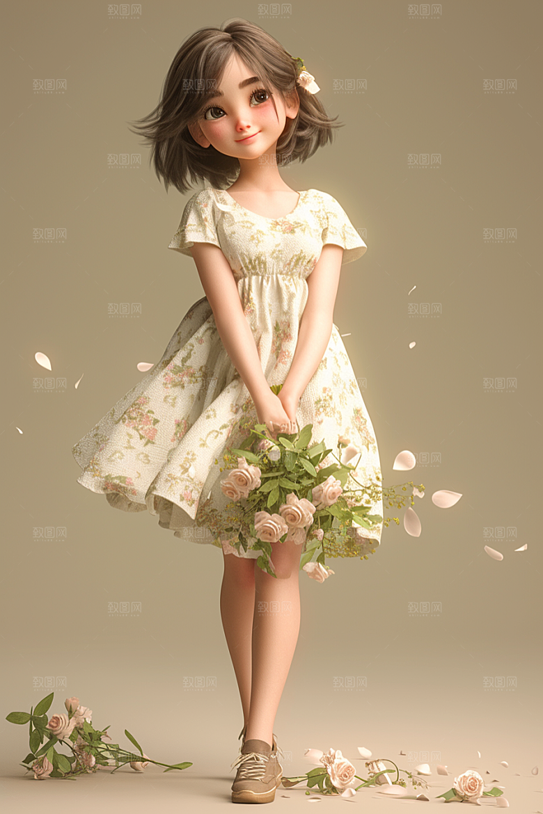 手捧鲜花的少女清新自然素材