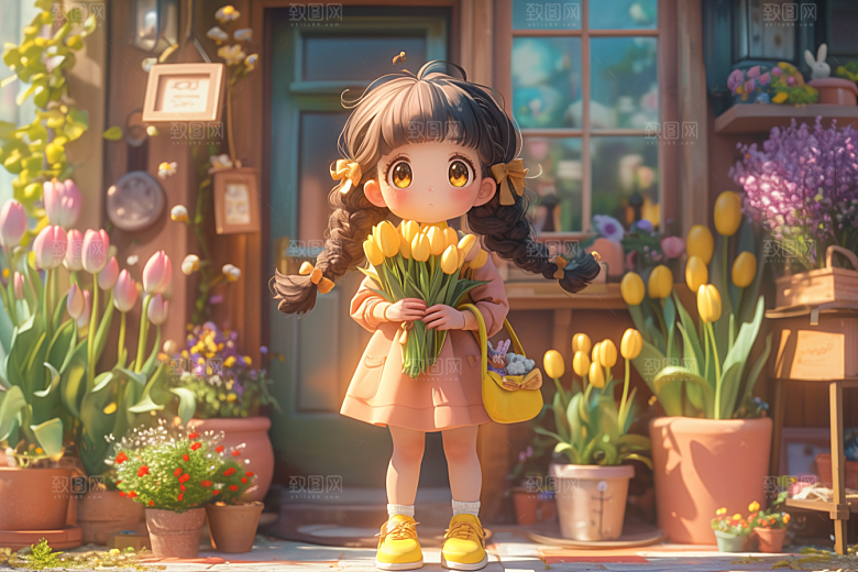 手捧鲜花的少女烂漫3D素材