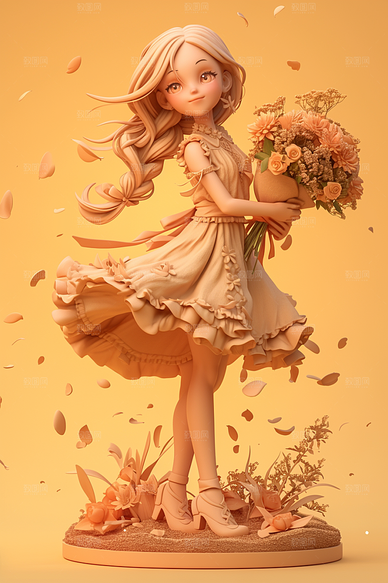 手捧鲜花的少女人物烂漫素材