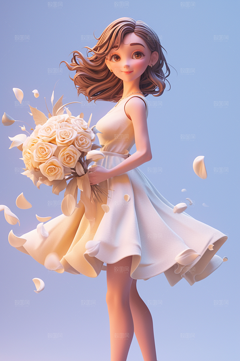 手捧鲜花的少女立体春天素材