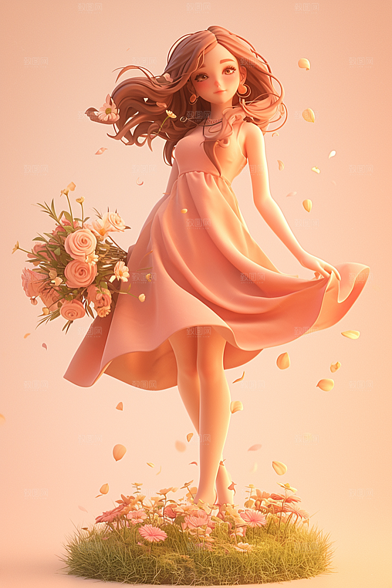 手捧鲜花的少女肖像3D素材