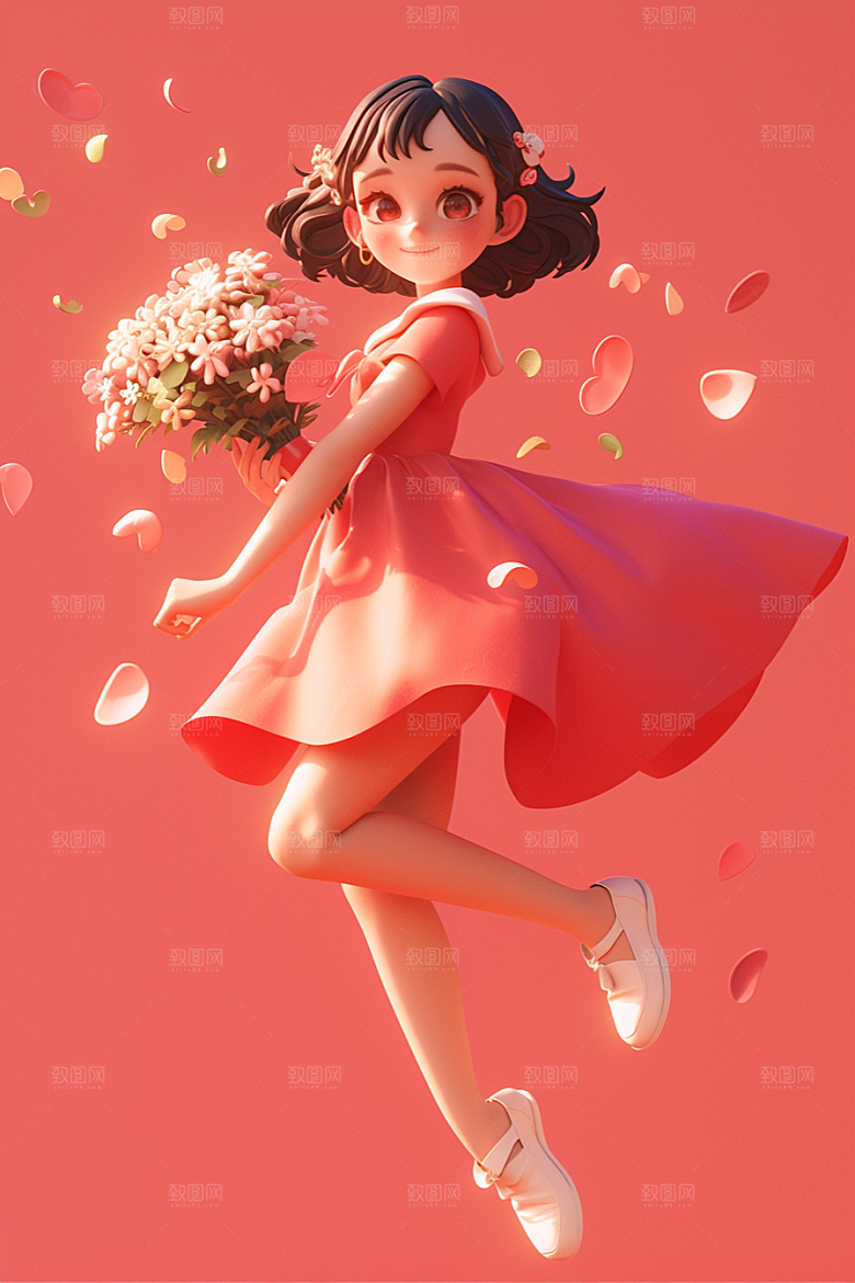 手捧鲜花的少女花朵立体素材