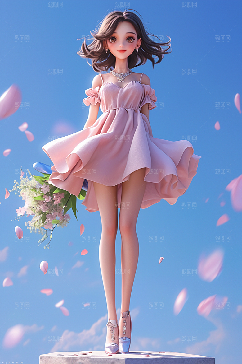 手捧鲜花的少女烂漫人物素材