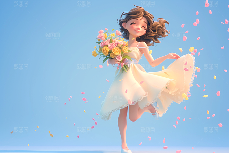 手捧鲜花的少女立体模型素材