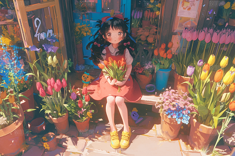 手捧鲜花的少女清新立体素材