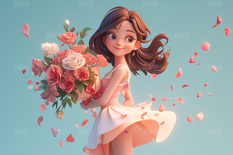 手捧鲜花的少女模型唯美素材