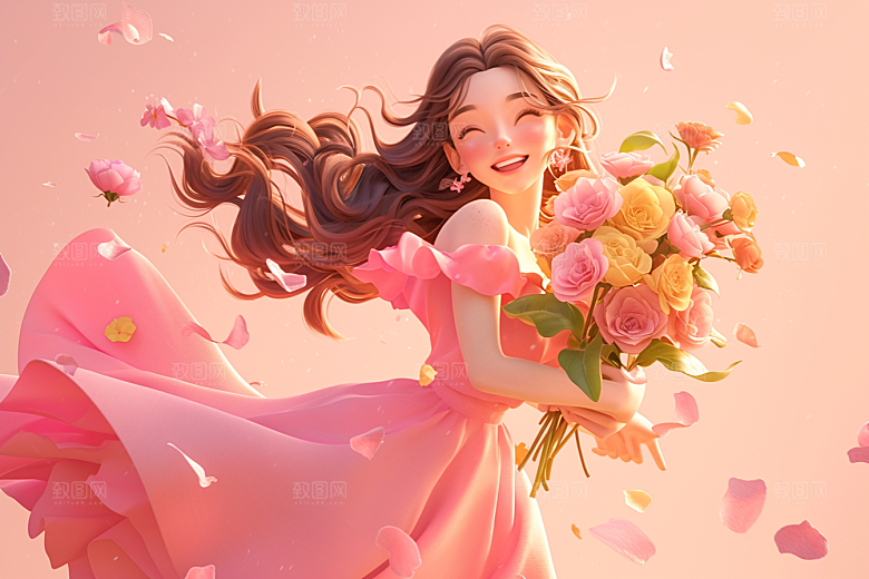 手捧鲜花的少女3D春天素材