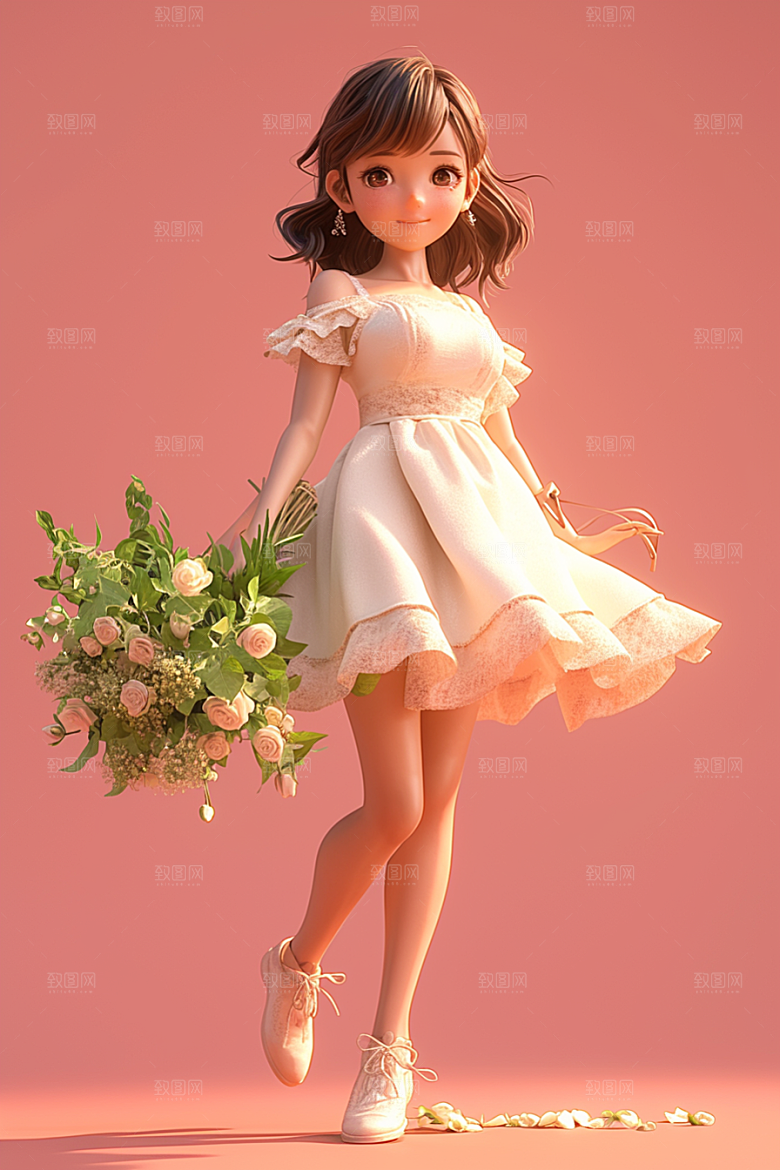 手捧鲜花的少女唯美花朵素材