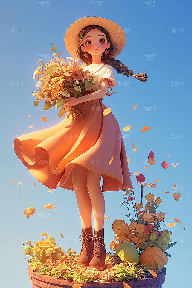 手捧鲜花的少女梦幻肖像素材