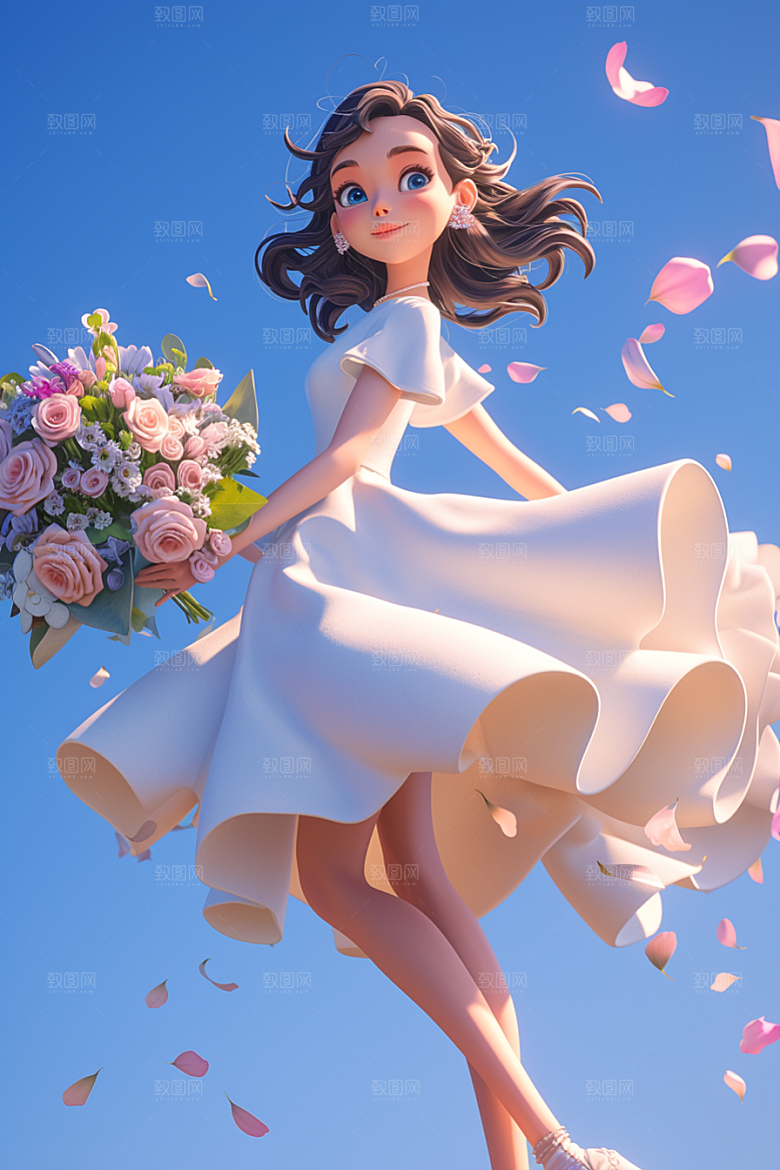 手捧鲜花的少女梦幻肖像素材