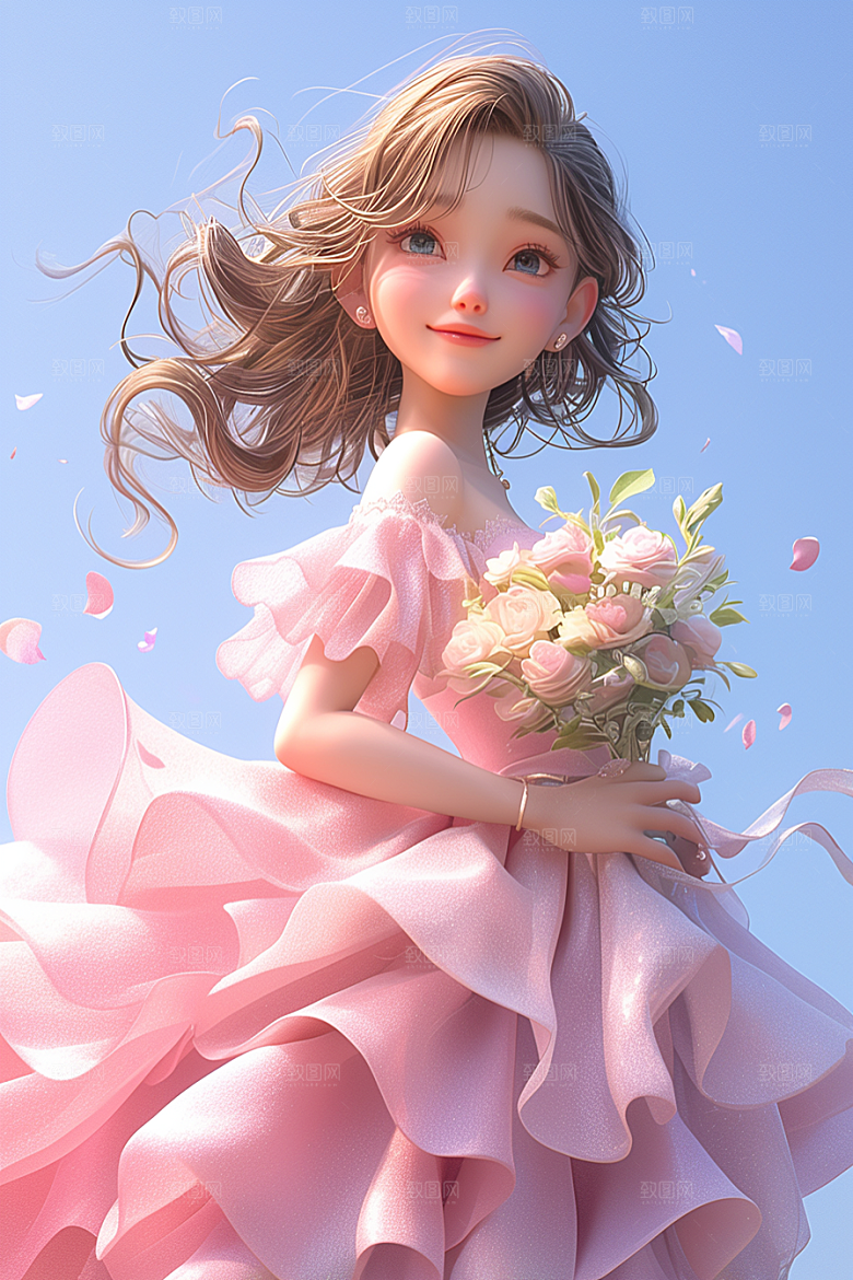 手捧鲜花的少女人物烂漫素材