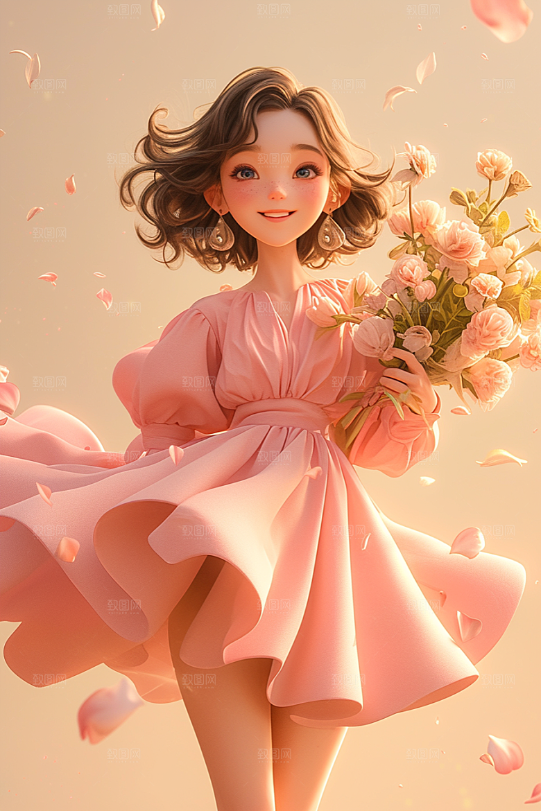 手捧鲜花的少女梦幻烂漫素材