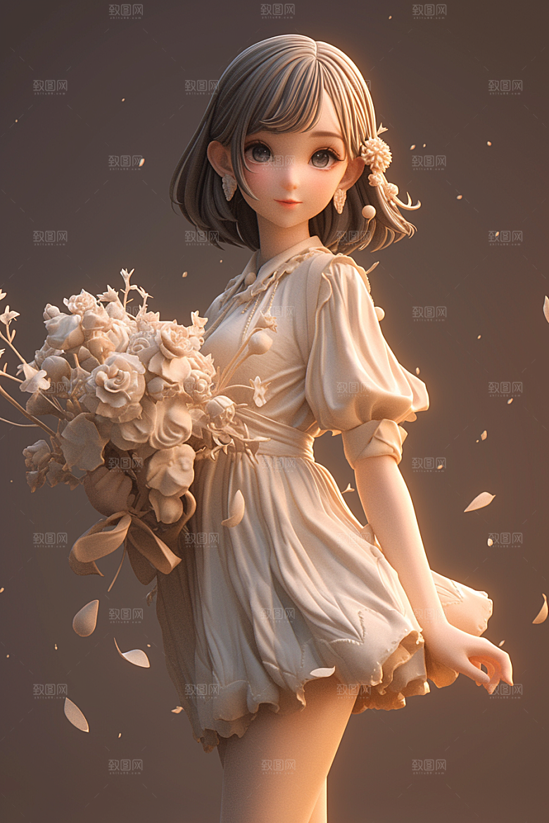 手捧鲜花的少女人物自然素材