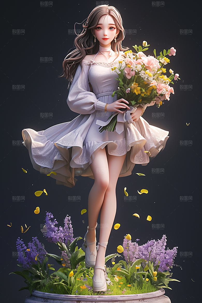 手捧鲜花的少女飞舞的裙摆春天素材