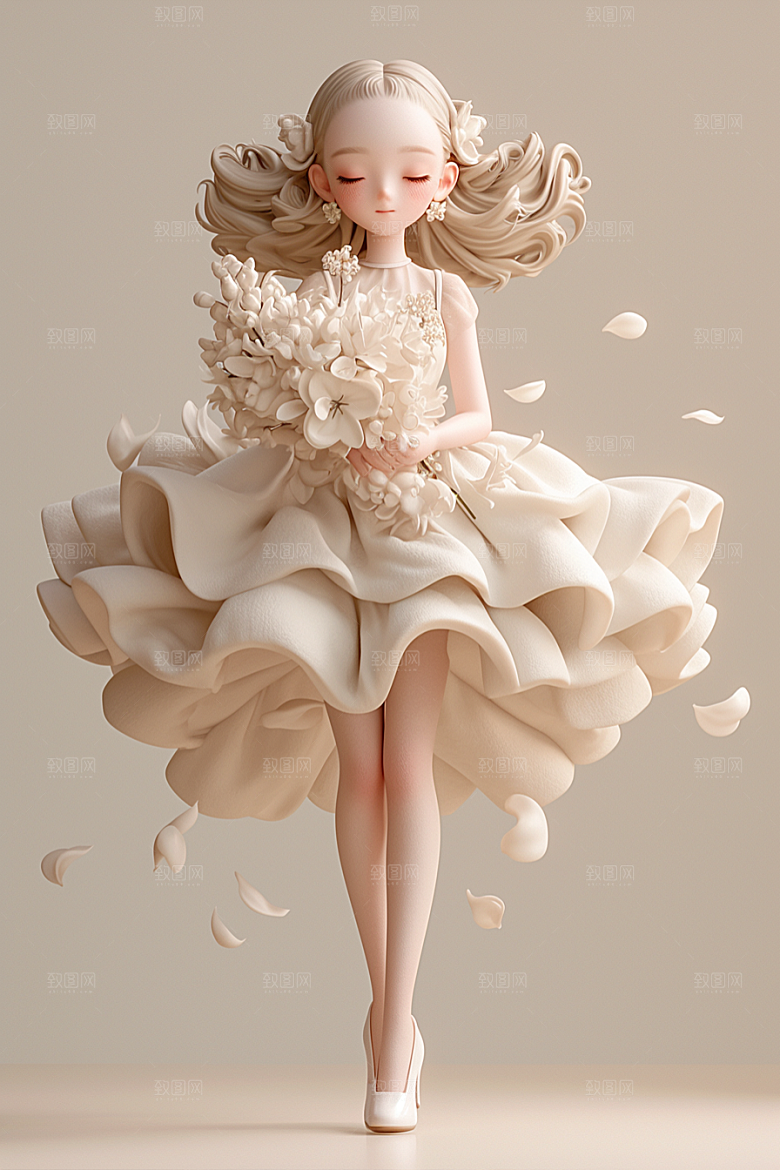 手捧鲜花的少女3D飞舞的裙摆素材