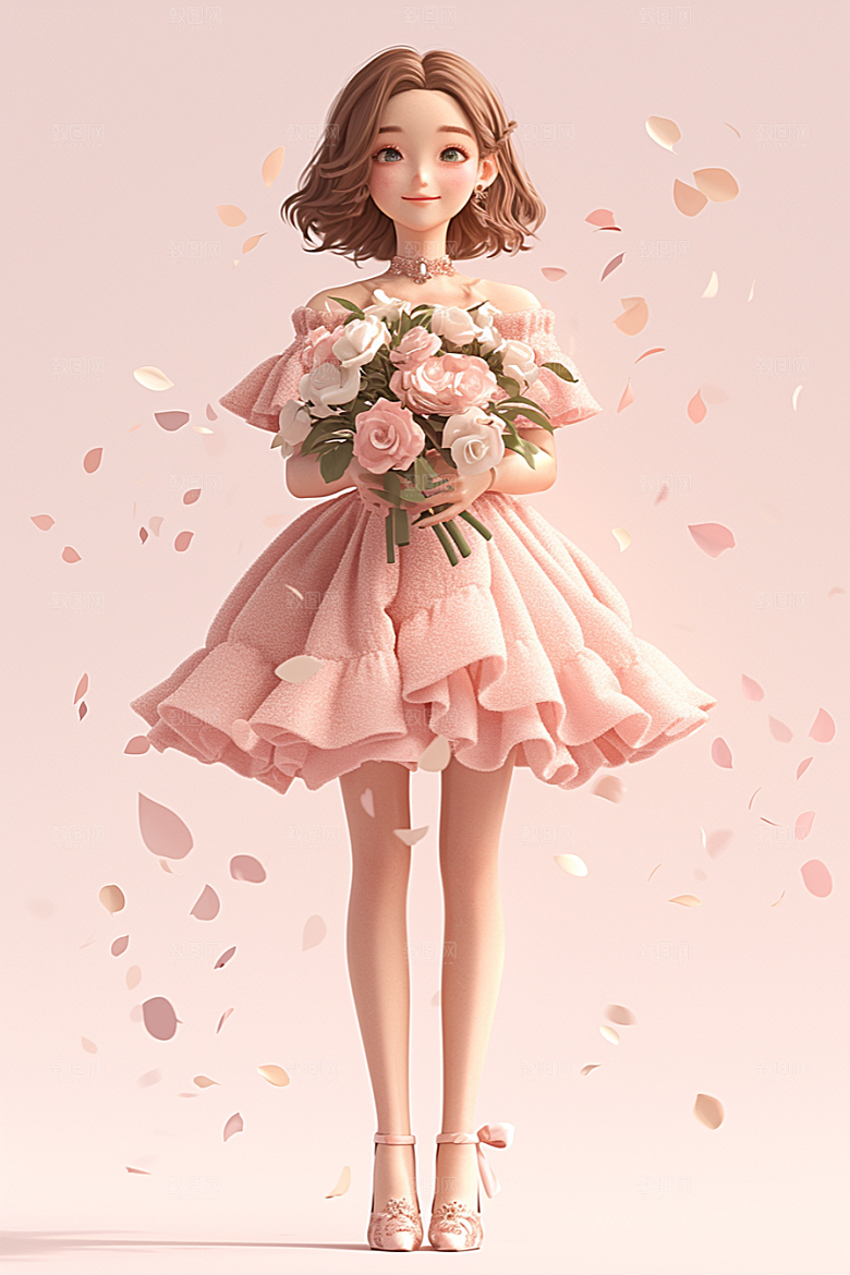 手捧鲜花的少女清新肖像素材