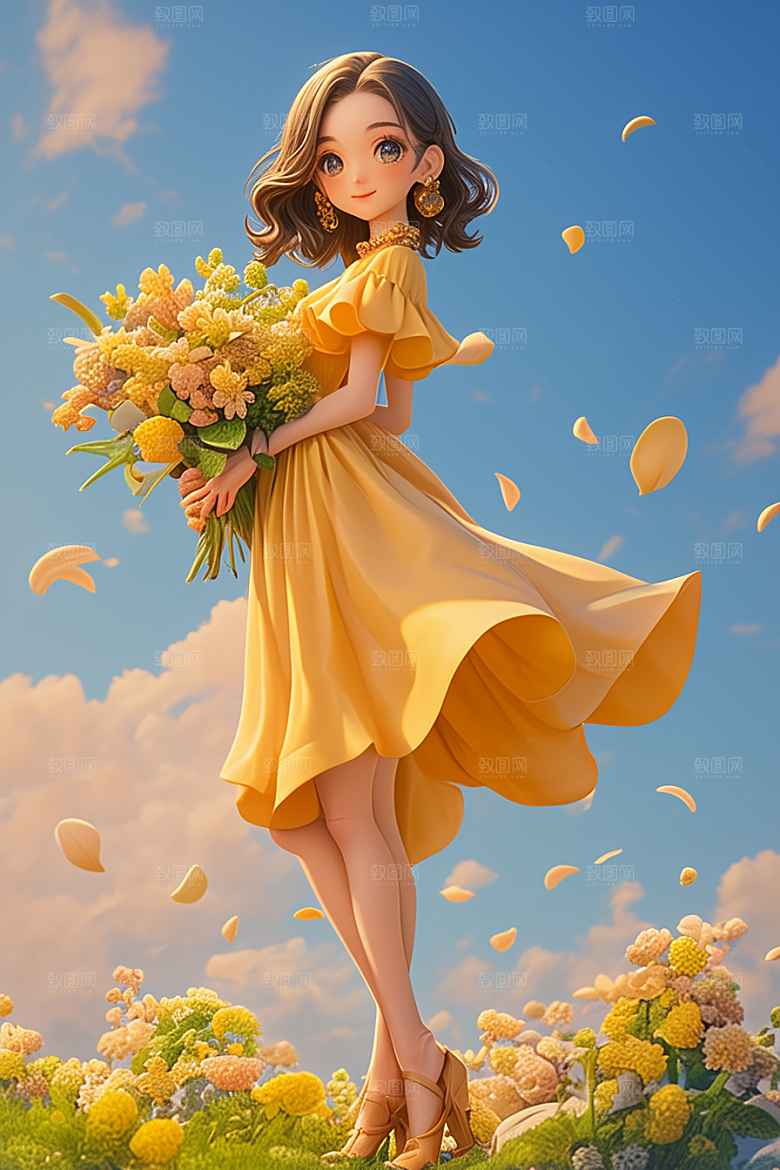 手捧鲜花的少女自然清新素材