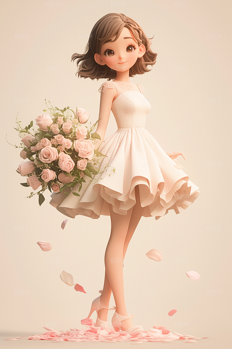 手捧鲜花的少女人物花朵素材