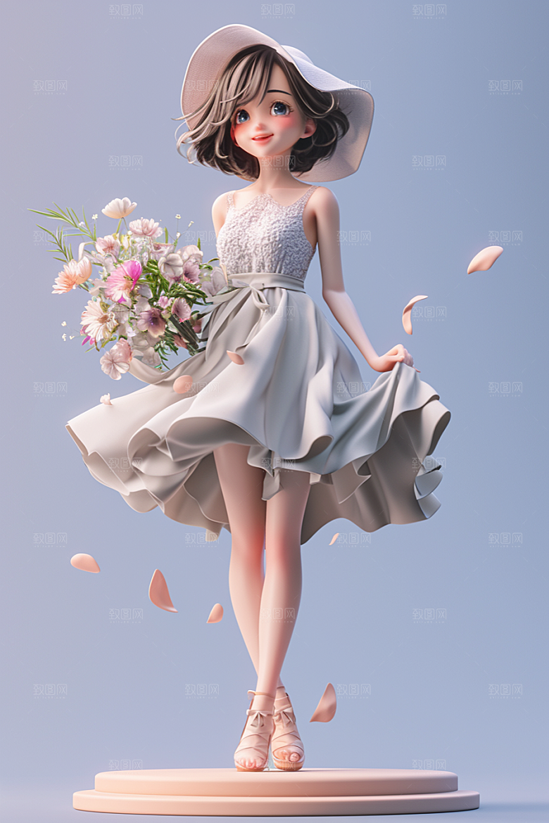 手捧鲜花的少女花朵烂漫素材