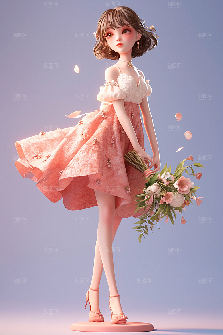 手捧鲜花的少女花朵自然素材