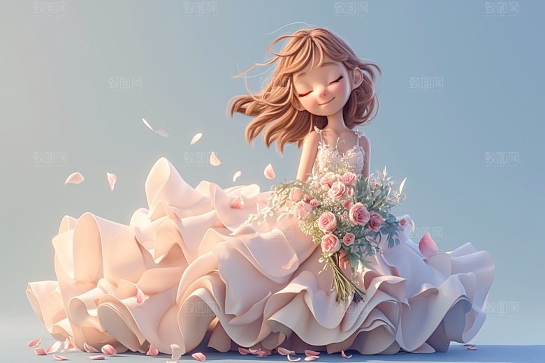 手捧鲜花的少女春天立体素材