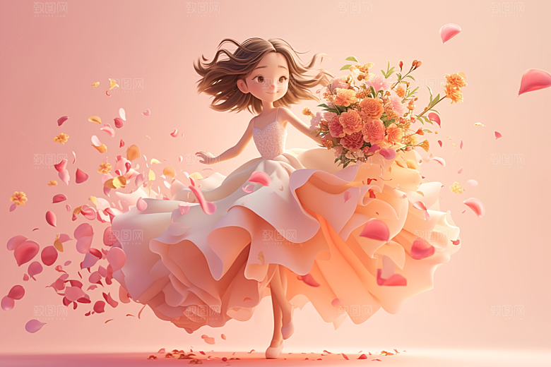 手捧鲜花的少女青春花朵素材
