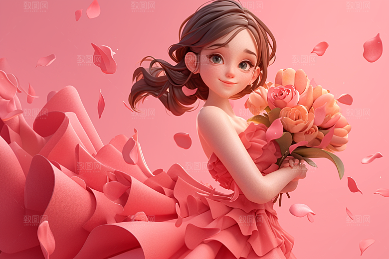 手捧鲜花的少女唯美春天素材