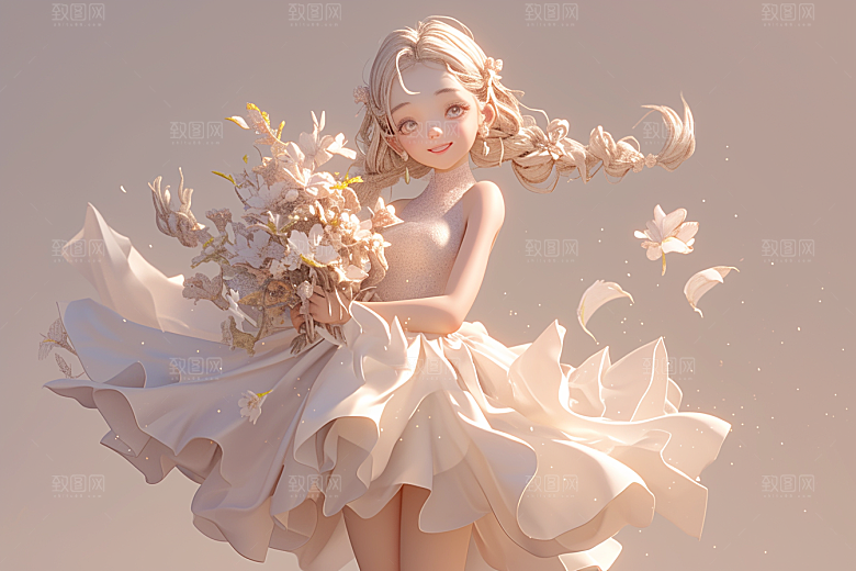 手捧鲜花的少女春天飞舞的裙摆素材