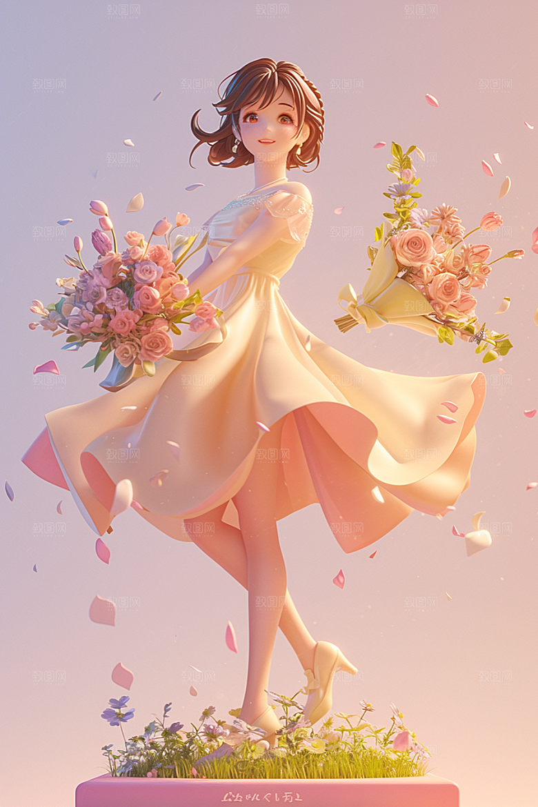 手捧鲜花的少女自然立体素材