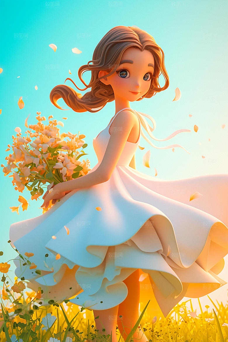 手捧鲜花的少女春天烂漫素材