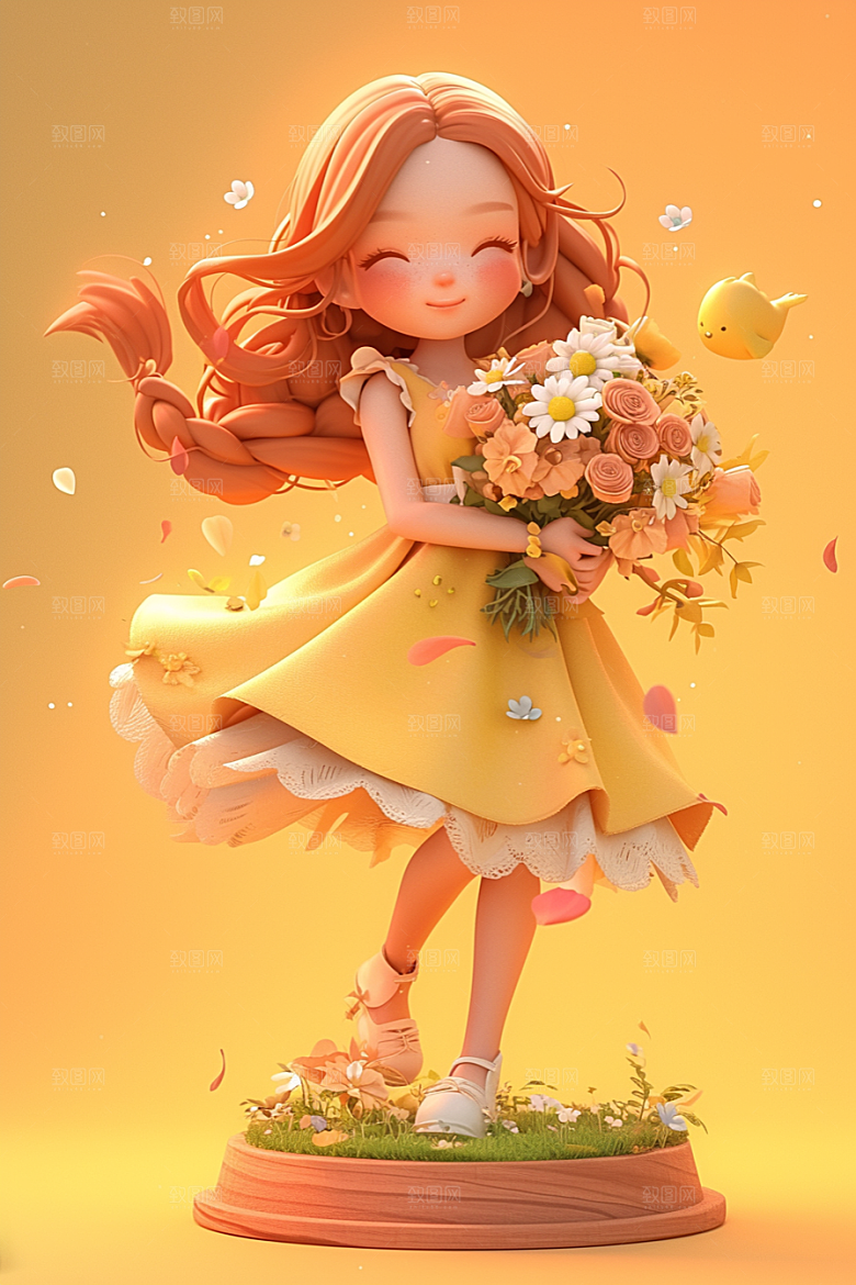 手捧鲜花的少女模型清新素材