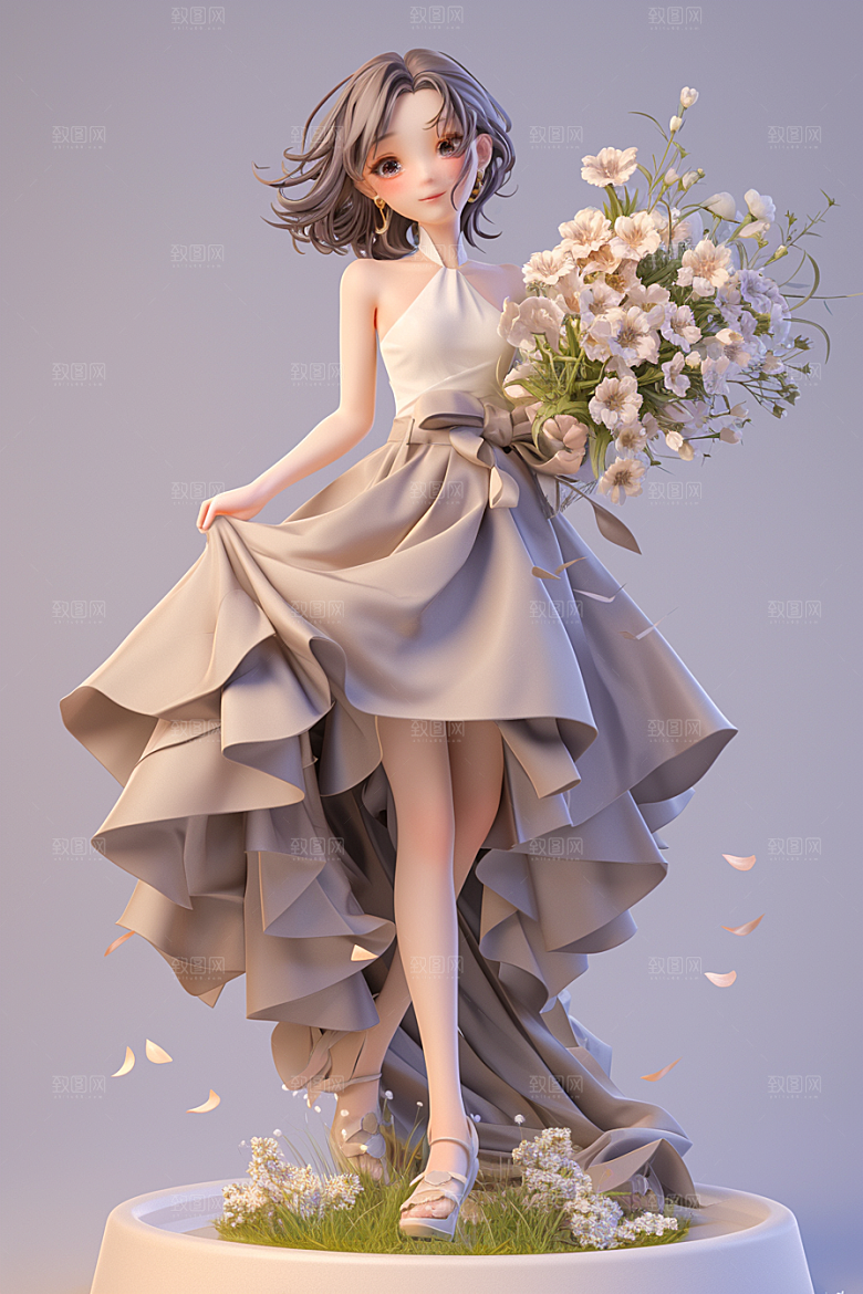 手捧鲜花的少女3D人物素材