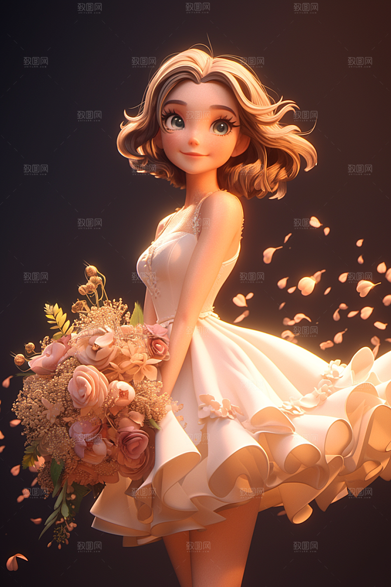 手捧鲜花的少女人物梦幻素材