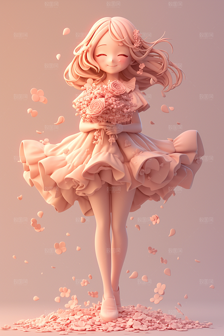 手捧鲜花的少女3D烂漫素材