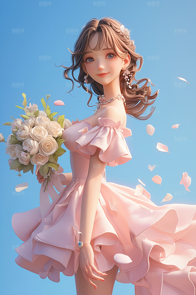 手捧鲜花的少女清新春天素材
