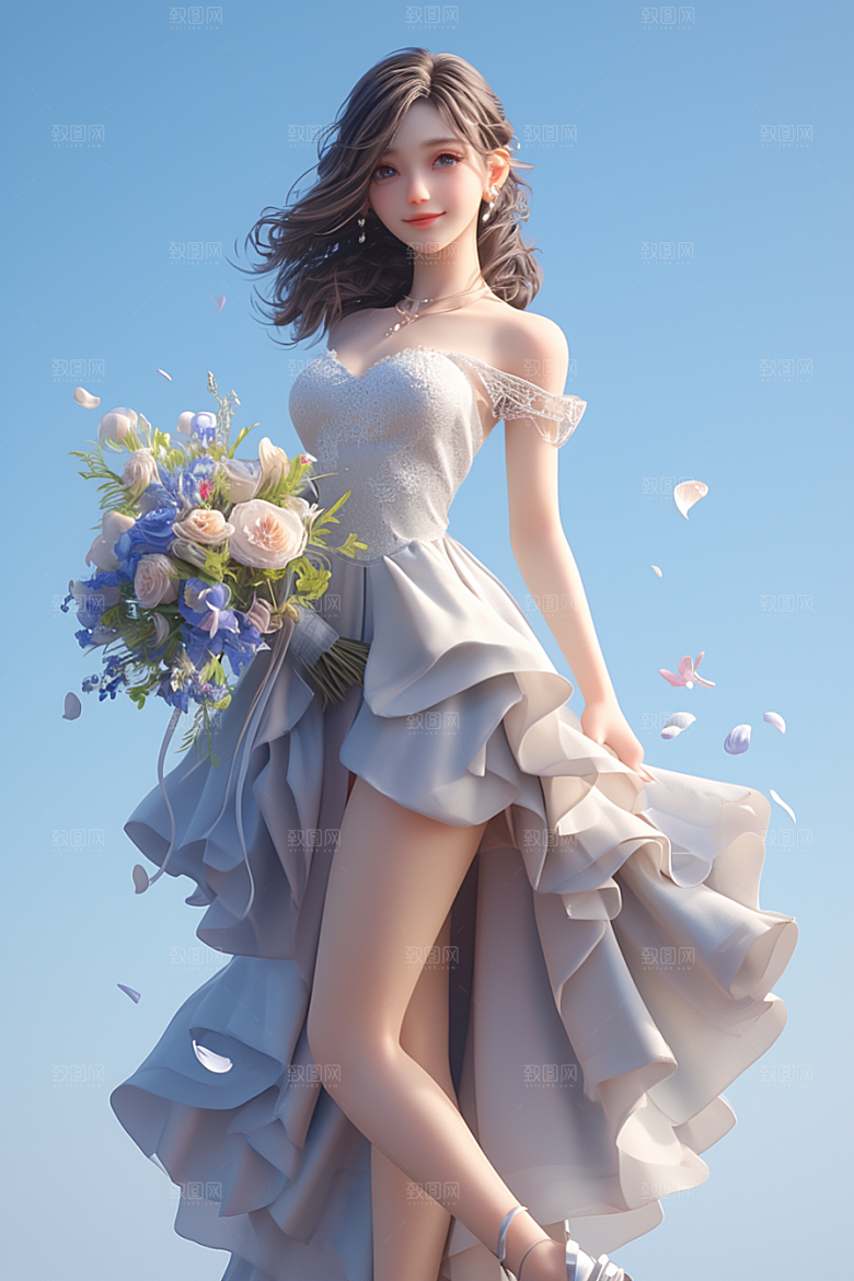 手捧鲜花的少女肖像春天素材
