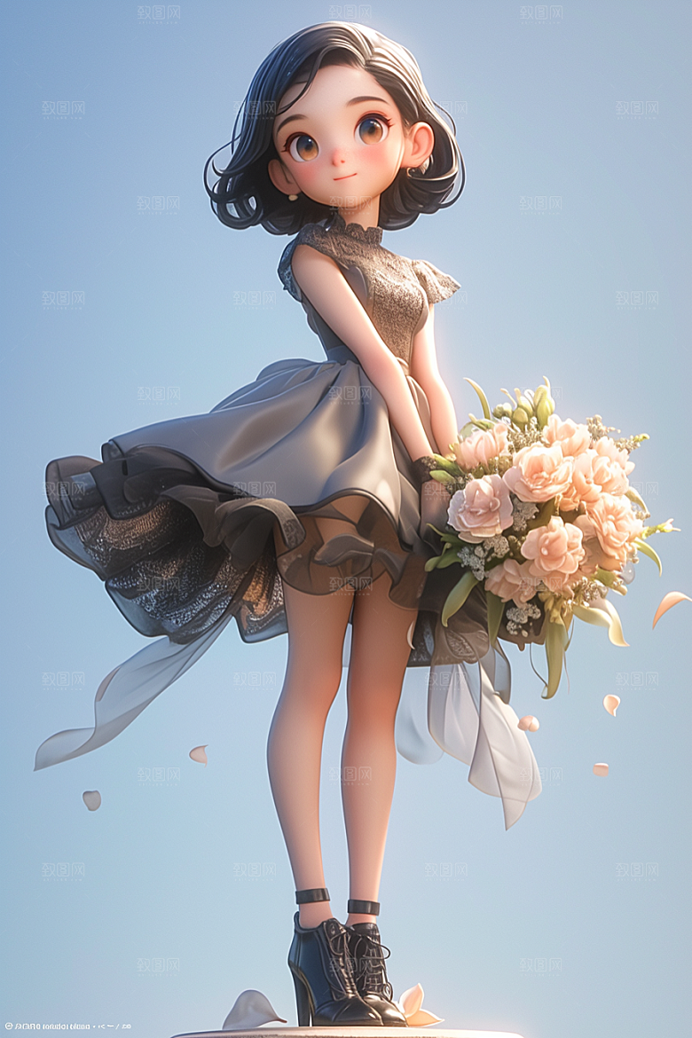 手捧鲜花的少女人物自然素材