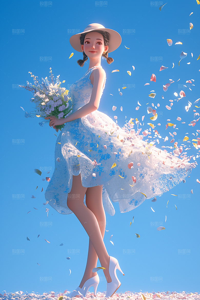 手捧鲜花的少女肖像立体素材