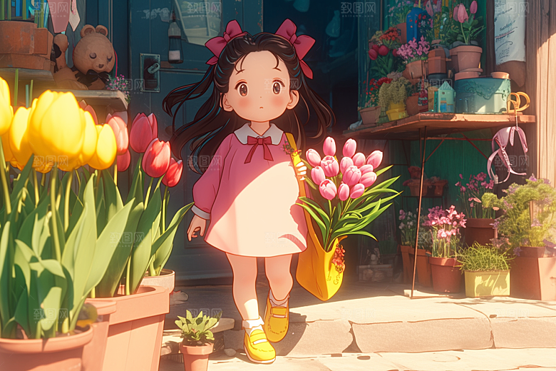 手捧鲜花的少女春天3D素材