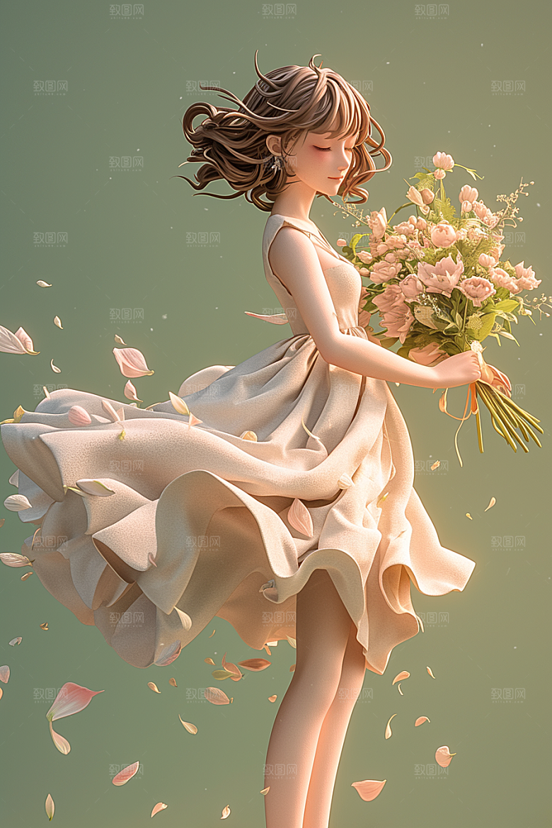 手捧鲜花的少女人物3D素材