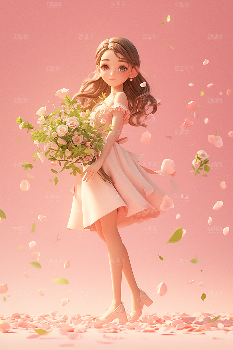 手捧鲜花的少女3D模型素材